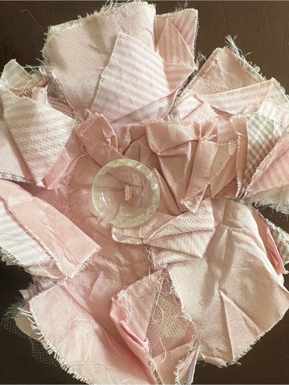 Delicate Pink Fabric Flower Brooch with Clear Center